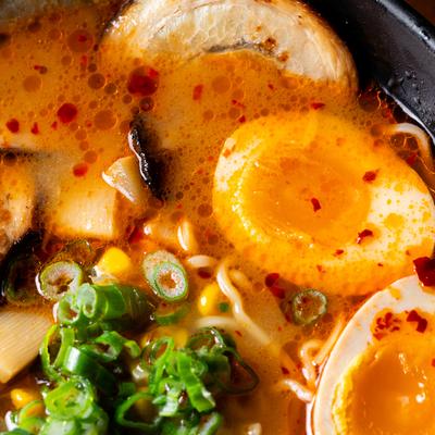 Spicy Miso Ramen, top view close up.