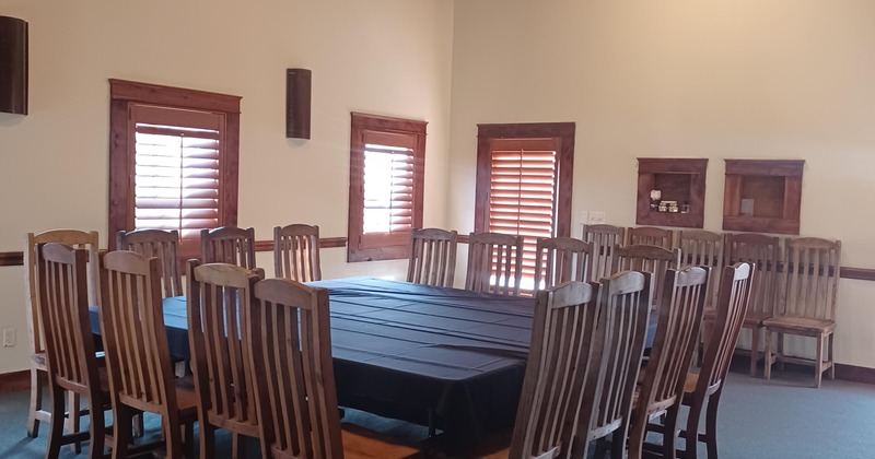 Exterior, yard with tables and bench seating, a playground for children