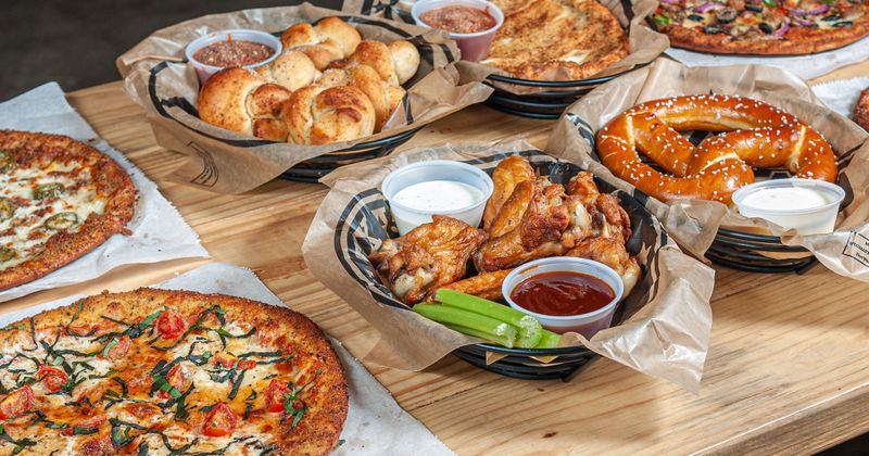 Numerous dishes served, side view