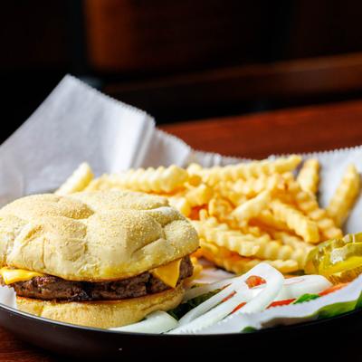 West Park burger served with crinkle-cut fries.