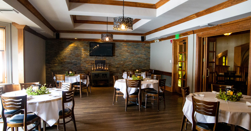 Restaurant interior, dining area, round dining tables