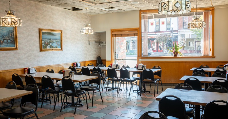 Diner tables and chairs, wide view to diner area