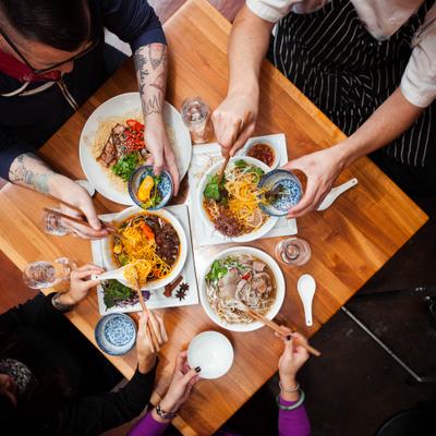 Customers eating and drinking.