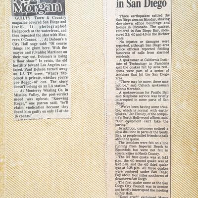 A newspaper clipping with an article about earthquakes in San Diego