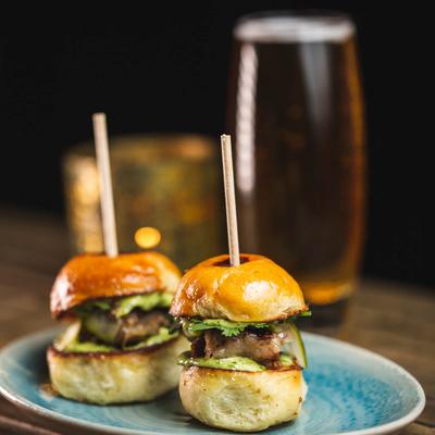 Short rib sliders, side view.