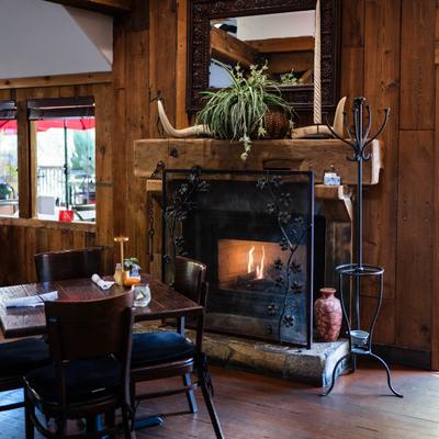 Interior, rustic ambiance featuring wood paneling, a fireplace, and a traditional decor.