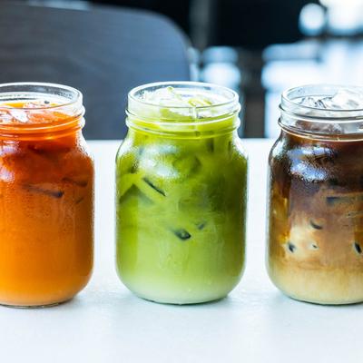 Thai Tea, Matcha tea, and Vietnamese iced coffee , served in jars