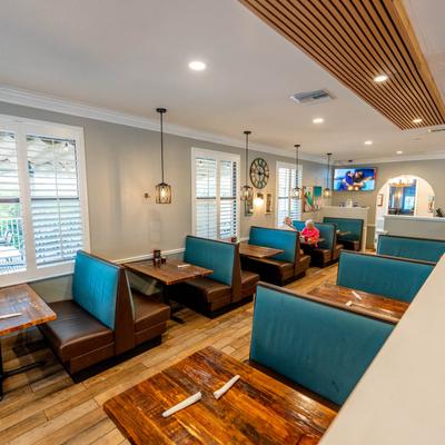 Interior, restaurant booths.