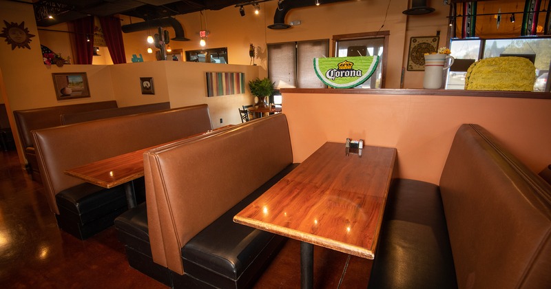 Interior space, lined up upholstered dining booths