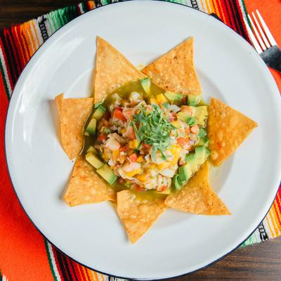Chilled Shrimp Ceviche, with tortilla chips.
