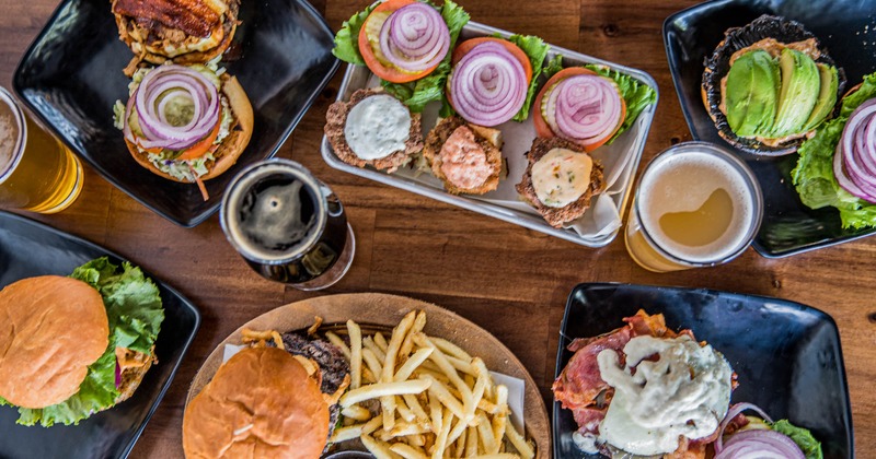 Assorted burgers and fries