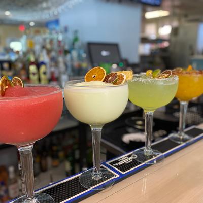 Served beverages on display.