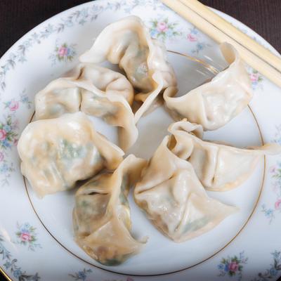 Pork and chives dumplings, top view.