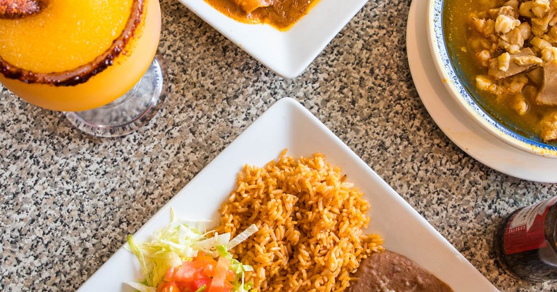 Different types of dishes and drinks, flat lay