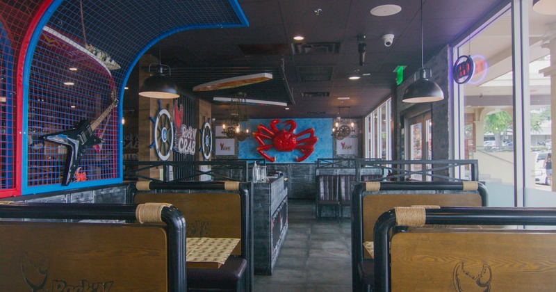Interior, diner area, booths, decoration on the walls