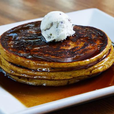 Pumpkin Pancakes, with maple syrup, and ice cream.