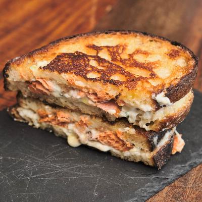 Salmon grilled sandwich, closeup