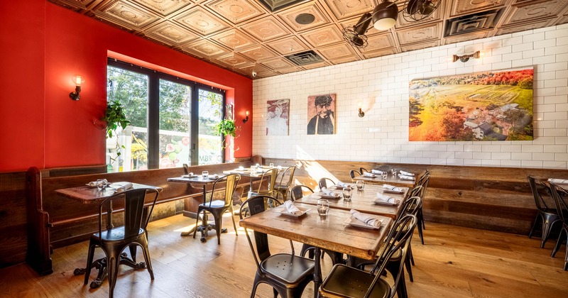 Restaurant's interior with set tables and chairs