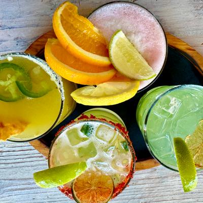 Various beverages, top view.