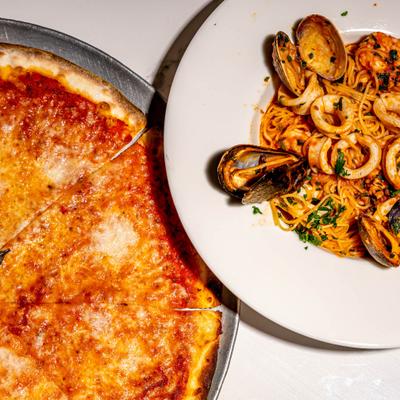 Margherita pizza and seafood pasta.
