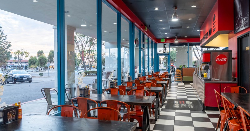 Interior, tables and chairs lined up
