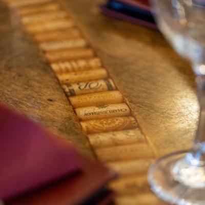 Table with a decorative inlay made of wine corks.
