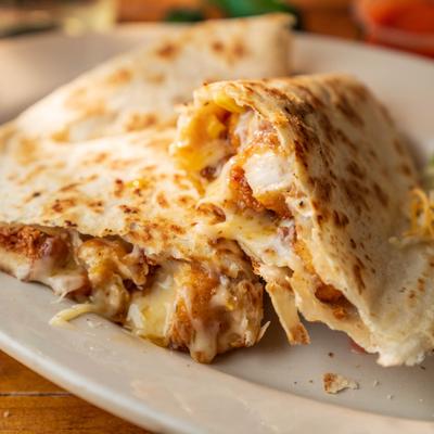 Buffalo chicken quesadilla, close up.