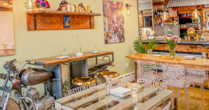 tables, motorcycle table, and bar