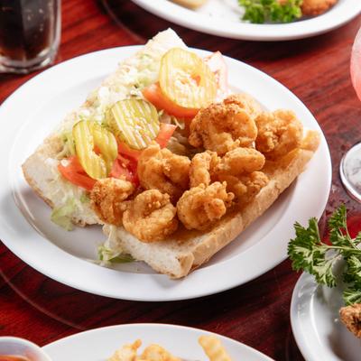 Shrimp Po' Boy, with lettuce, and tomato.