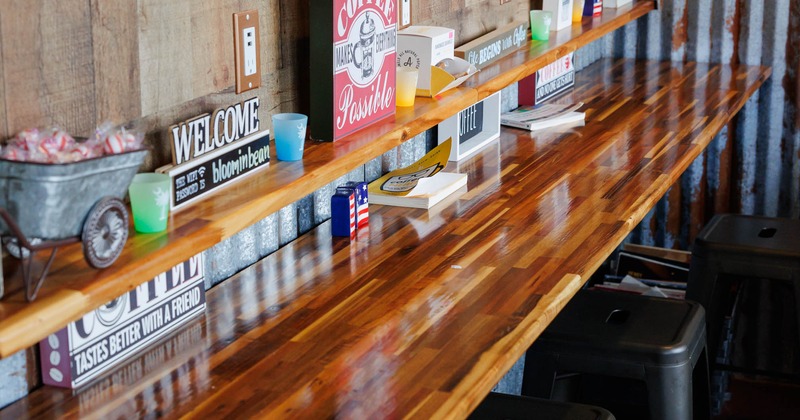 Long, tall table, bar stools