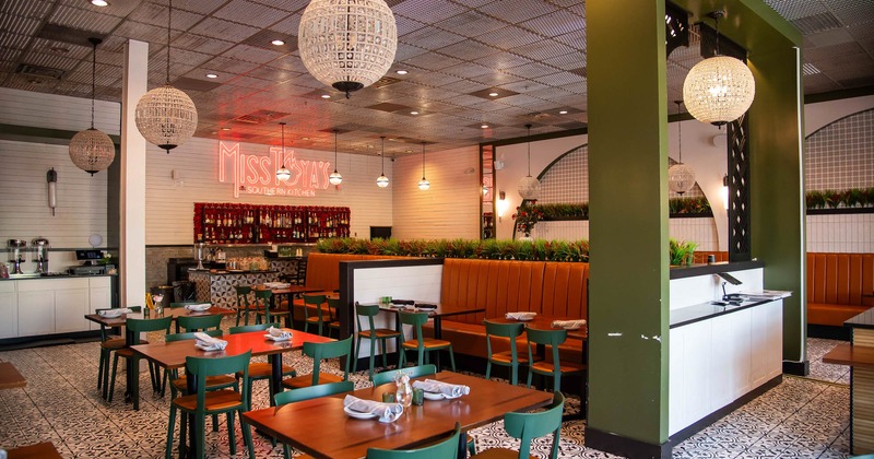 Interior, dining area, tableware, chandeliers