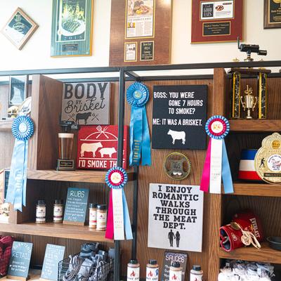 Various displayed awards.