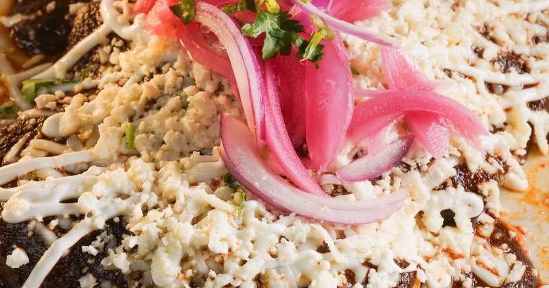 Mole Enchiladas, with sour cream, cheese, and pickled red onion