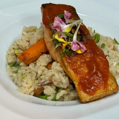 Scottish salmon, almond risotto, snap peas, romesco sauce.