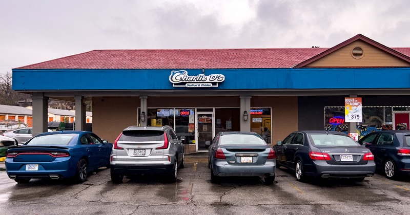 Exterior, front view to restaurant, parking lot