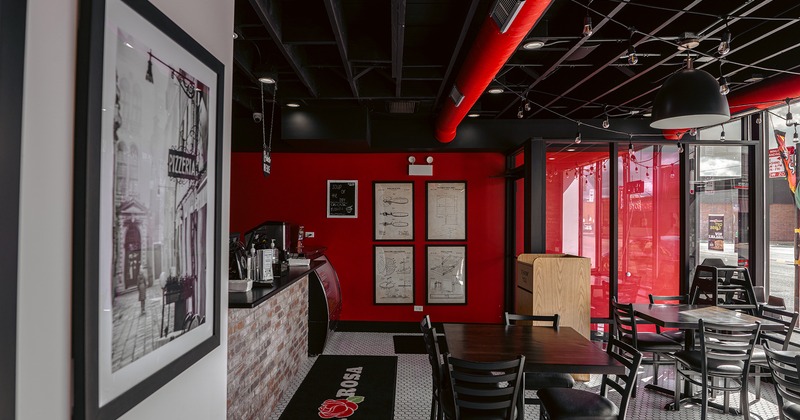 Interior space, seating area, dining tables, order counter