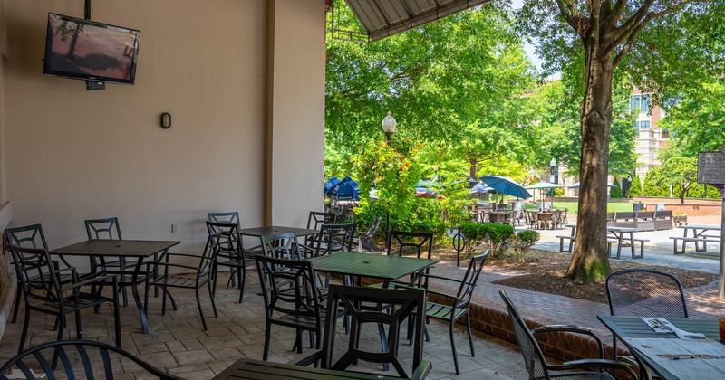 Interior, tables and chairs on patio