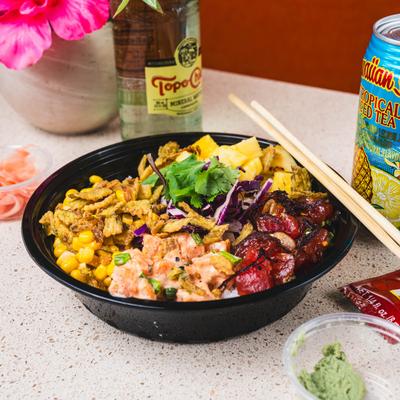 Salmon and tempura poke bowl, with veggies.
