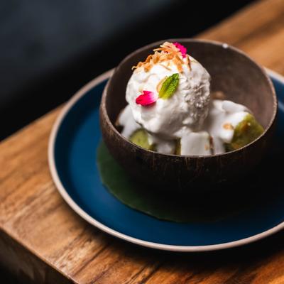 Pandan Chiffon Cake topped with house-made coconut ice cream.