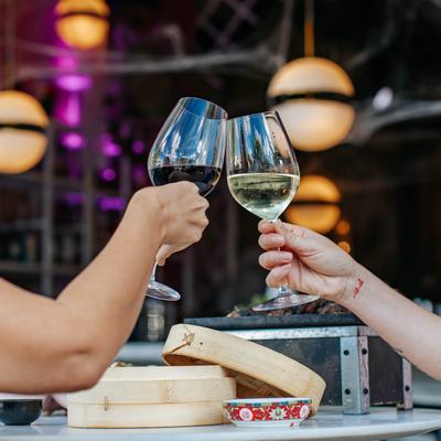 Guests making a toast with red and white wine , appetizer and lights in the background.