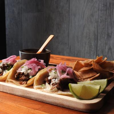 Beef Barbacoa Tacos with chile de arbol salsa.