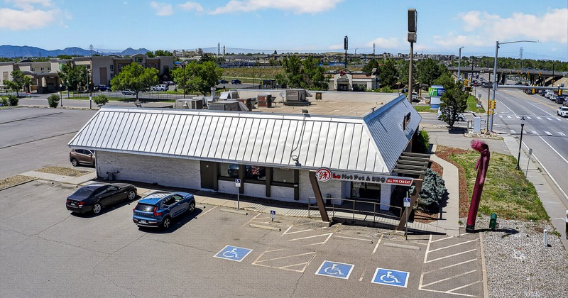 Exterior, aerial view, restoarant with parking lot
