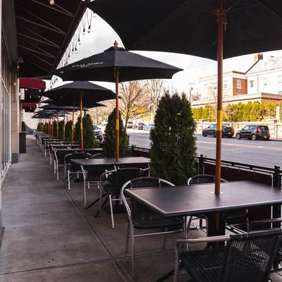 Exterior, patio, tables and seats, parasols