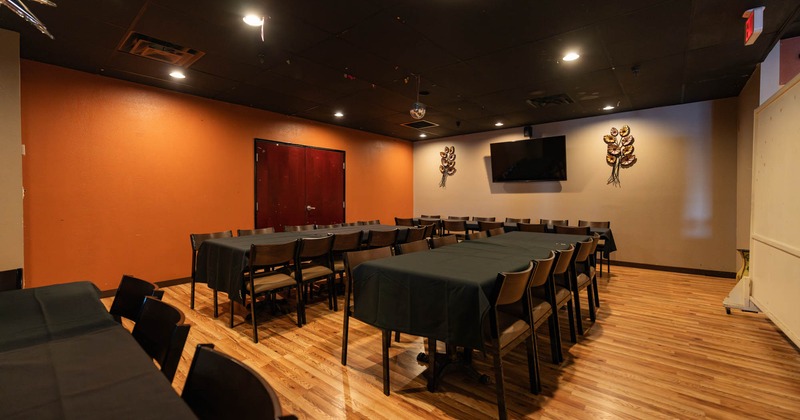 Interior, seating area with tables and chairs