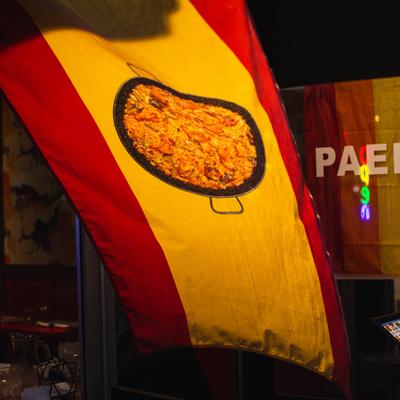 Interior, decorative flag with a picture of paella dish