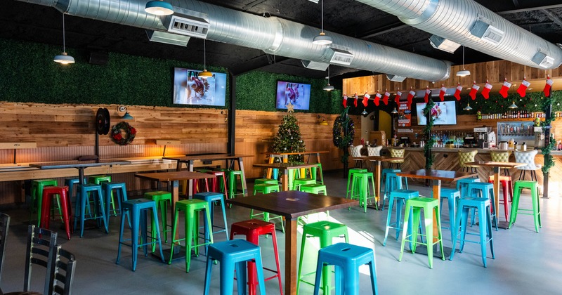 Interior, high tables and chairs