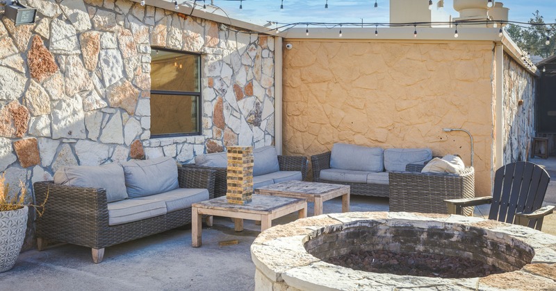 Patio, patio sofas and fire pit