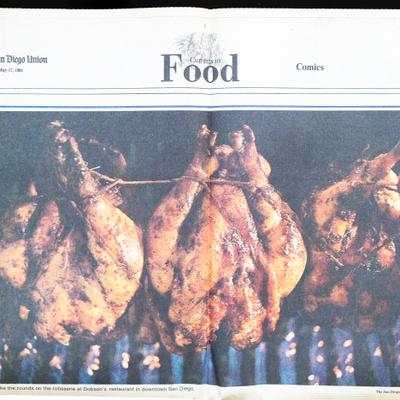1984 newspaper food section featuring a photo of roasted chickens
