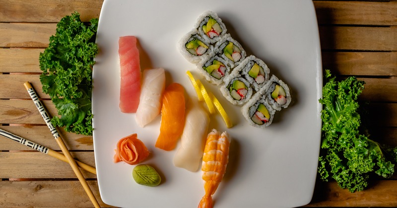 Nigiri and sushi combo plate, top view