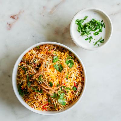 Mutton biryani with raita.